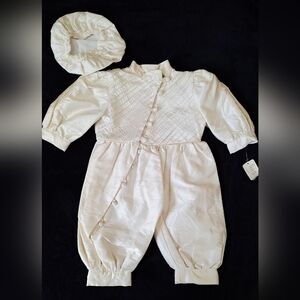 Vtg NWT Spanish Baby Boy Christening Romper & Bonnet Set 90s Heirloom - Size 1